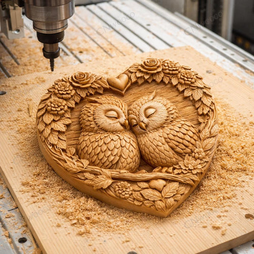 Fichier CNC cœur hibou – bas-relief romantique pour sculpture bois, décoration murale STL