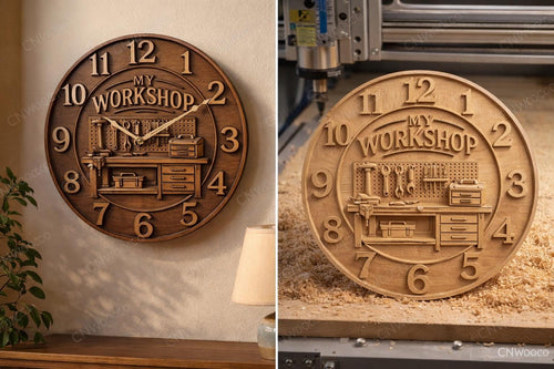 Fichier CNC horloge atelier – bas-relief pour sculpture bois, décoration murale workshop STL