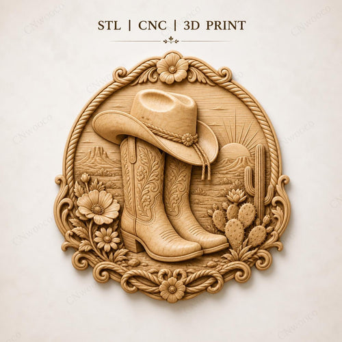CNC & impression 3D bottes cowboy western, relief ranch STL haute qualité pour sculpture bois et décoration country