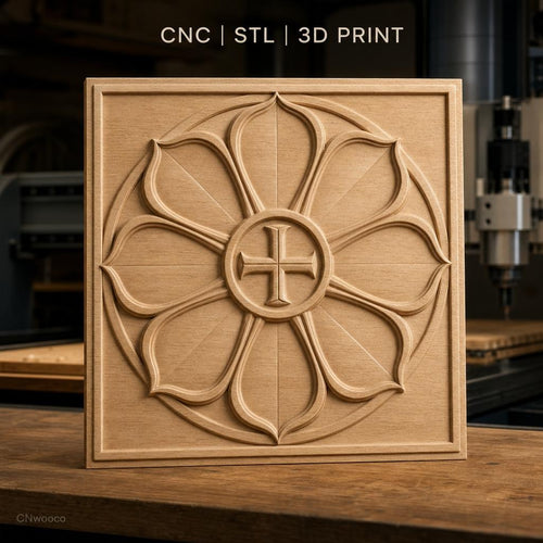 Fichier CNC & impression 3D rosace fleur avec croix, décoration sculptée haute qualité relief STL