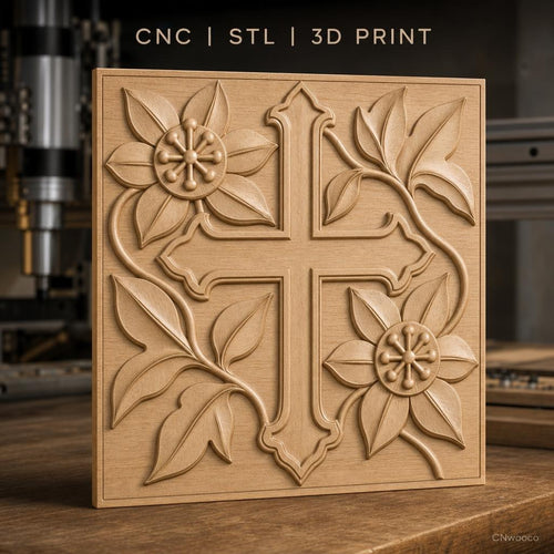 Fichier CNC & impression 3D croix fleurie avec feuilles et relief détaillé, haute qualité relief STL
