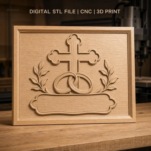 Fichier CNC & impression 3D mariage, bagues entrelacées, croix et feuillage, haute qualité relief STL
