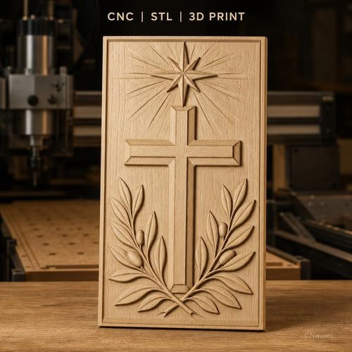 Fichier CNC & impression 3D Croix chrétienne, étoile et branches d'olivier, haute qualité relief STL