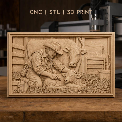 Fichier CNC & impression 3D vétérinaire et vaches, fermier médecin avec veau dans grange, haute qualité relief STL