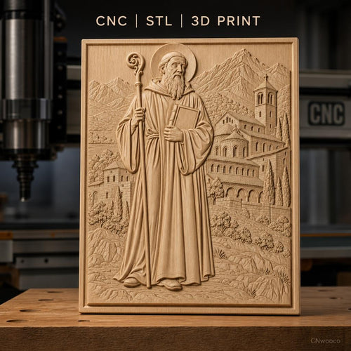 Fichier CNC & impression 3D Saint religieux avec bâton et paysage de montagne, haute qualité relief STL