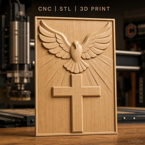 Fichier CNC & impression 3D croix chrétienne avec colombe et rayons de lumière, haute qualité relief STL