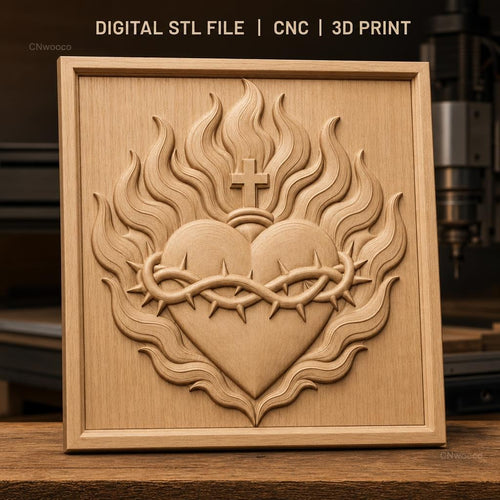 Fichier CNC & impression 3D Sacré Cœur, cœur enflammé avec couronne d'épines et croix, haute qualité relief STL