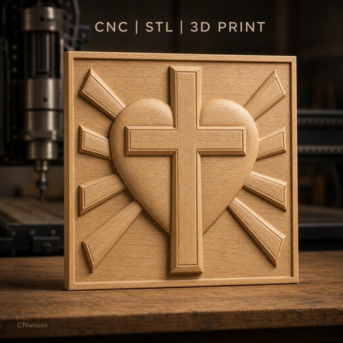 Fichier CNC & impression 3D coeur sacré avec croix et rayons, haute qualité relief STL