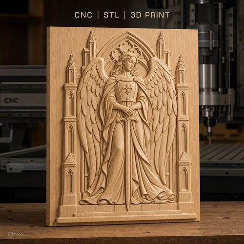Fichier CNC & impression 3D ange gardien avec épée et architecture gothique, haute qualité relief STL
