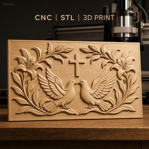 Fichier CNC & impression 3D motif religieux, colombes, croix et fleurs, haute qualité relief STL