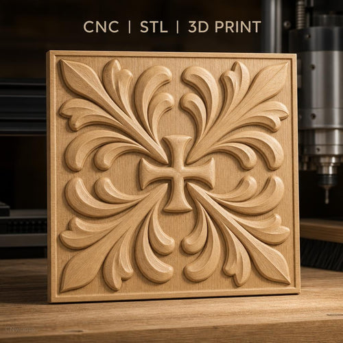 Fichier CNC & impression 3D croix avec feuilles décoratives, haute qualité relief STL