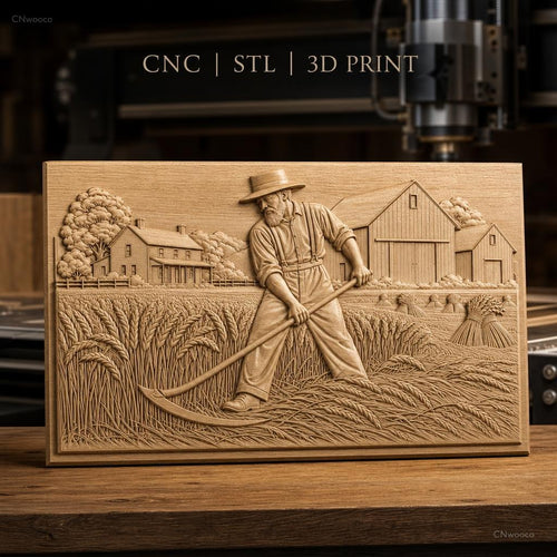 Fichier CNC & impression 3D moisson, fermier avec faux, grange et maison, haute qualité relief STL