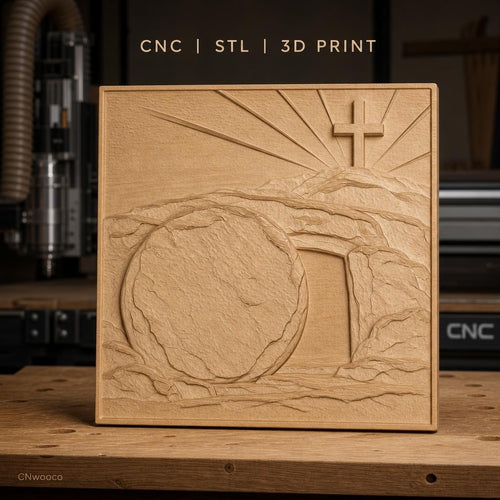 Fichier CNC & impression 3D Résurrection chrétienne, tombe vide, croix et rayon de lumière, haute qualité relief STL