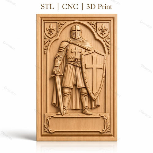 Fichier CNC & impression 3D chevalier armure médiévale, épée et bouclier croix, haute qualité relief STL