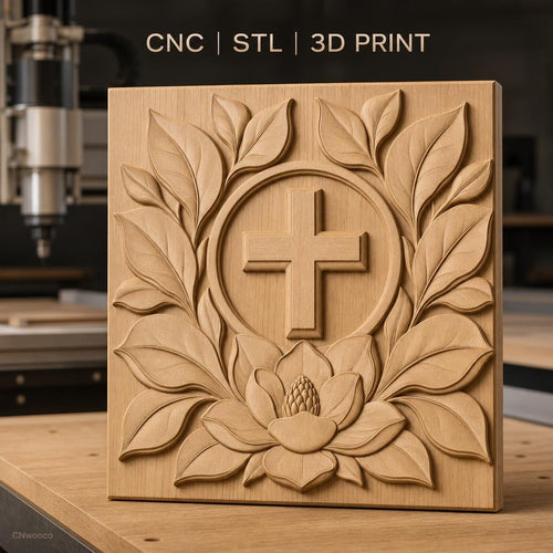 Fichier CNC & impression 3D Croix chrétienne, fleur de lotus et feuilles, haute qualité relief STL