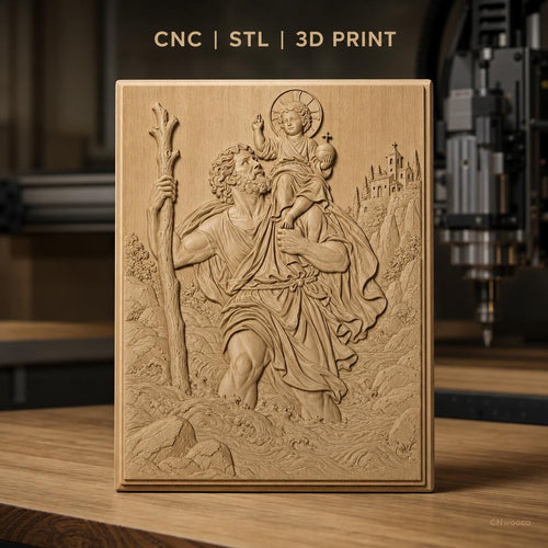 Fichier CNC & impression 3D Saint Christophe traversant rivière avec enfant, décor paysage, haute qualité relief STL