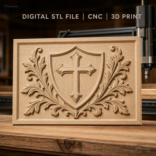 Fichier CNC & impression 3D écusson avec croix et ornements floraux, haute qualité relief STL