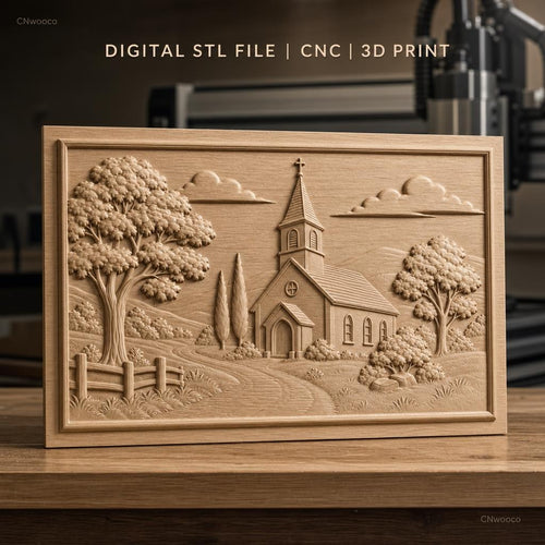 Fichier CNC & impression 3D paysage religieux avec église et arbres, haute qualité relief STL
