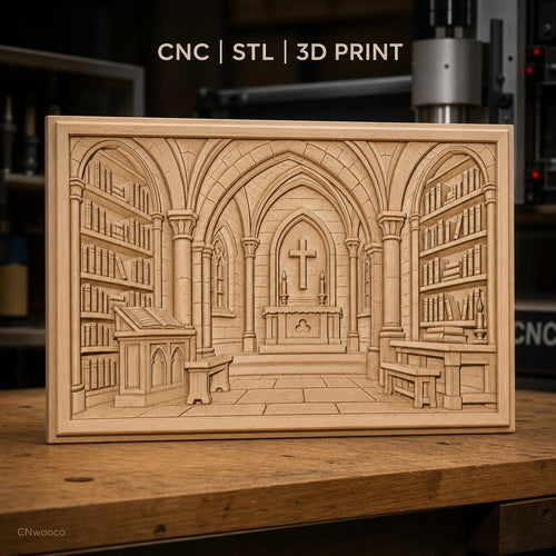 Fichier CNC & impression 3D intérieur d'église gothique, autel, bibliothèque, croix, haute qualité relief STL