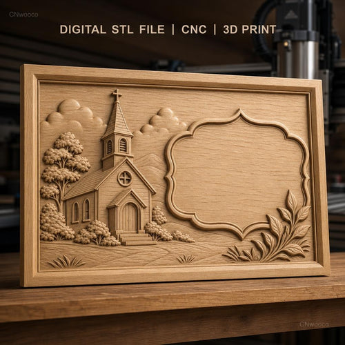 Fichier CNC & impression 3D église rurale, arbres et cadre décoratif, haute qualité relief STL