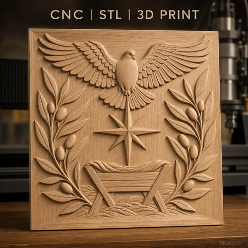 Fichier CNC & impression 3D scène de la nativité, colombe, étoile, mangeoire et branches d'olivier, haute qualité relief STL
