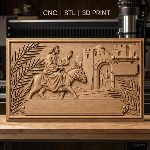 Fichier CNC & impression 3D Jésus entrant à Jérusalem, relief avec âne, palmiers et ville ancienne, haute qualité relief STL