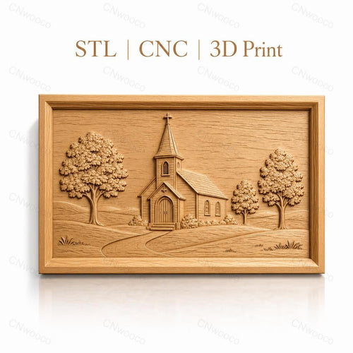 Fichier CNC & impression 3D scène d'église rurale, arbres et chemin dans un relief, haute qualité relief STL
