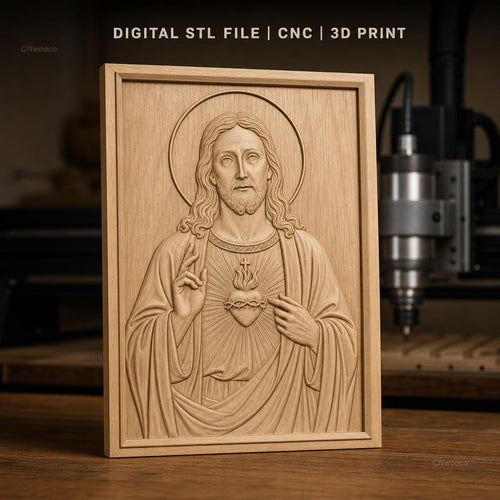Fichier CNC & impression 3D Sacré-Cœur de Jésus, portrait religieux avec auréole et mains bénissantes, haute qualité relief STL