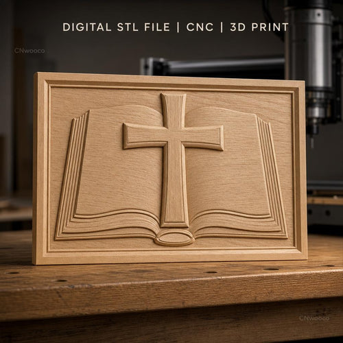 Fichier CNC & impression 3D bible ouverte avec croix religion, haute qualité relief STL