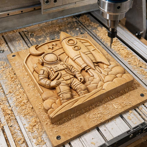 Fichier CNC astronaute fusée, bas-relief bois espace, décoration murale thème spatial, sculpture bois, modèle gravure 3D STL
