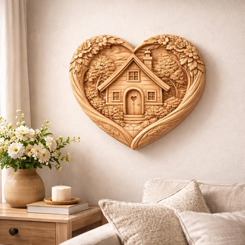 Fichier CNC cottage cœur romantique, bas-relief bois, décoration murale amour, modèle gravure 3D STL