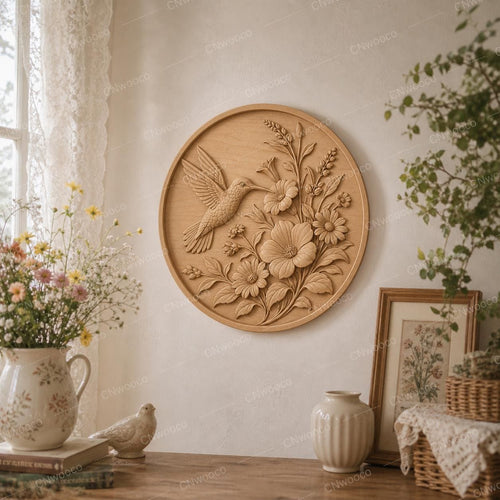 CNC & impression 3D relief colibri avec fleurs, décor floral nature, fichier STL très haute qualité