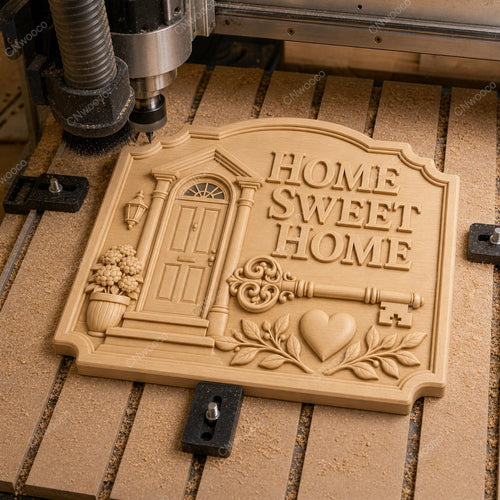 CNC & impression 3D relief Home Sweet Home avec porte et clé, fichier décor maison pour gravure bois, STL de haute qualité