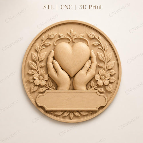 CNC & impression 3D relief mains tenant un cœur, fichier pour gravure bois, STL de haute qualité, à personnaliser