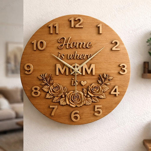 Fichier CNC horloge "Home is Where Mom Is" – bas-relief bois pour sculpture CNC, décoration murale familiale STL