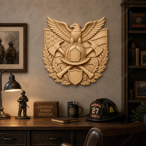 CNC & impression 3D pompier avec aigle casque et haches, STL haute qualité pour sculpture bois, combattant du feu relief