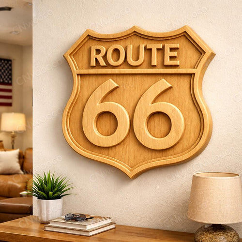 Fichier CNC & impression 3D panneau Route 66 – bas-relief vintage pour sculpture bois, décoration murale garage STL