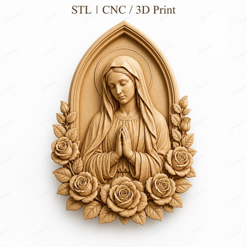 CNC & impression 3D relief Vierge Marie avec roses, fichier STL très haute qualité