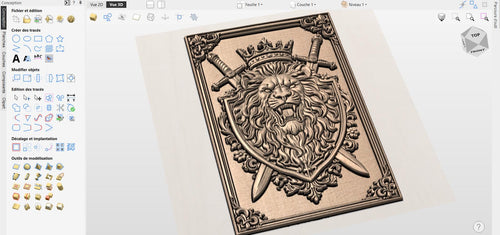 Fichier CNC blason lion couronne et épées – bas-relief royal pour sculpture bois, décoration murale STL haute qualité