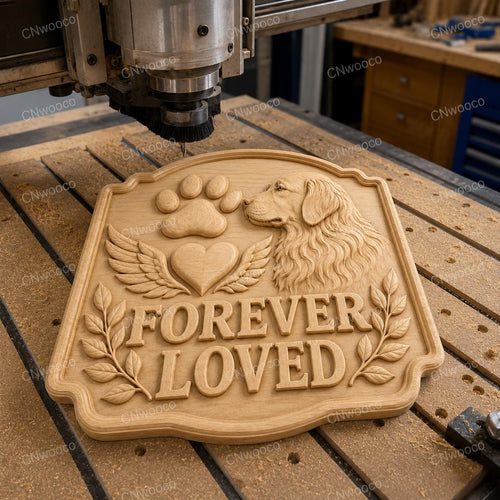 CNC & impression 3D relief mémorial chien Forever Loved avec empreinte et ailes, souvenir animal pour gravure bois, STL de haute qualité