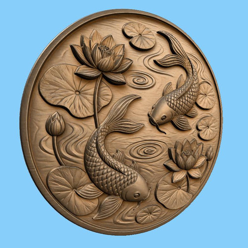 CNC & impression 3D relief poissons koi avec lotus et nénuphars, fichier STL très haute qualité