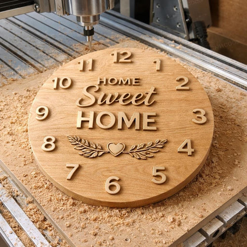 Fichier CNC horloge "Home Sweet Home" – bas-relief bois pour sculpture CNC, décoration murale maison STL