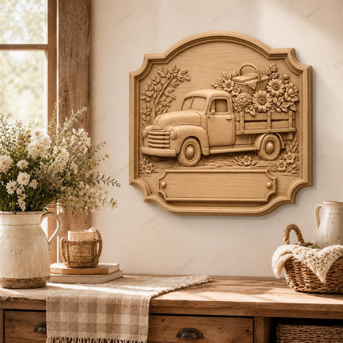 CNC & impression 3D relief pick-up vintage fleuri, fichier pour gravure bois, STL de haute qualité, à personnaliser