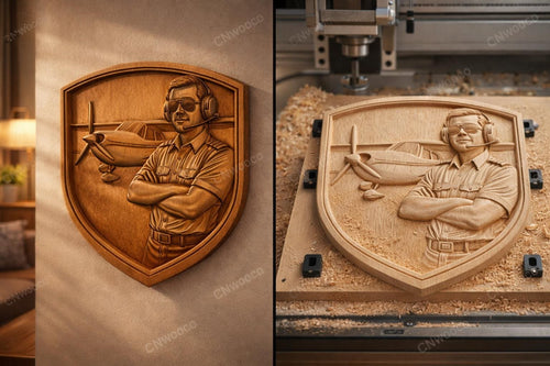 Fichier CNC pilote avion bouclier, bas-relief bois aviation, décoration murale aviateur, sculpture bois, modèle gravure 3D STL