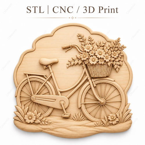 CNC & impression 3D relief vélo avec panier de fleurs, décor cottage floral, fichier STL très haute qualité