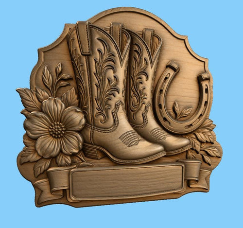 CNC & impression 3D relief bottes western et fer à cheval, fichier cowboy pour gravure bois, STL de haute qualité, à personnaliser