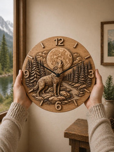 Fichier CNC horloge loup et lune – bas-relief faune sauvage pour sculpture bois, décoration murale STL