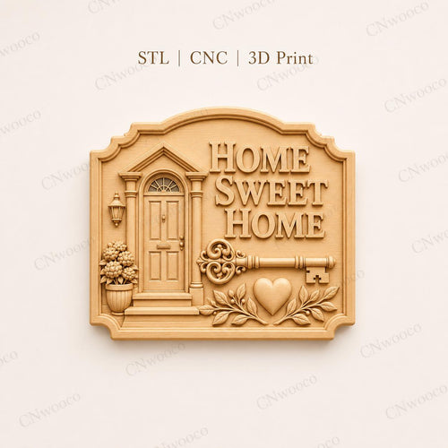 CNC & impression 3D relief Home Sweet Home avec porte et clé, fichier décor maison pour gravure bois, STL de haute qualité