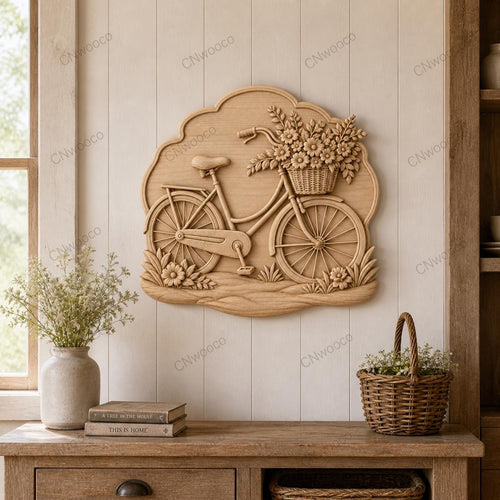 CNC & impression 3D relief vélo avec panier de fleurs, décor cottage floral, fichier STL très haute qualité
