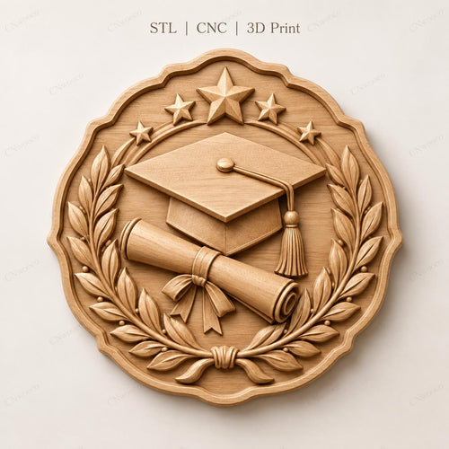 CNC & impression 3D diplôme graduation avec toque, parchemin et couronne, fichier STL